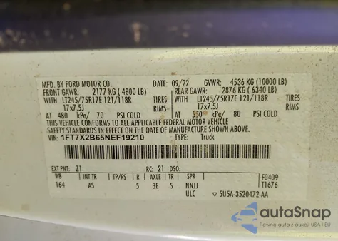 2022 Ford F-250 Xl from USA, damaged, VIN 1FT7X2B65NEF19210